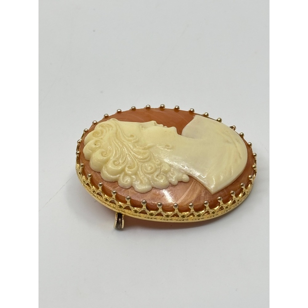Vintage Gold Tone Oval Cameo Brooch Female Profile Orange Cream Victorian Style - Picture 5 of 8